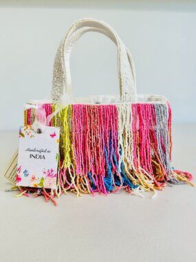 TIKTOK VIRAL HANDCRAFTED IN INDIA PASTEL MULTICOLOR BEADED FRINGES SHOULDER BAG